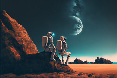 Two astronauts siting on rocks looking at the night sky, digital art style, illustration painting, fantasy concept of a Two astronauts siting on rocksの素材