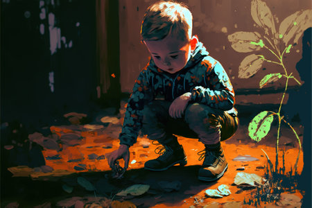 The child touches the pattern with his finger on the ground, digital art style, illustration painting, fantasy concept of a child touches the pattern with his finger on the groundの素材