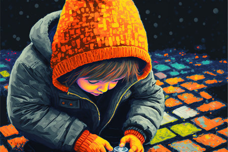 The child touches the pattern with his finger on the ground, digital art style, illustration painting, fantasy concept of a child touches the pattern with his finger on the groundの素材