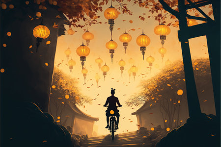 Man on bicycle in a land full of lanterns, digital art style, illustration painting, fantasy concept of a man on a bicycleの素材