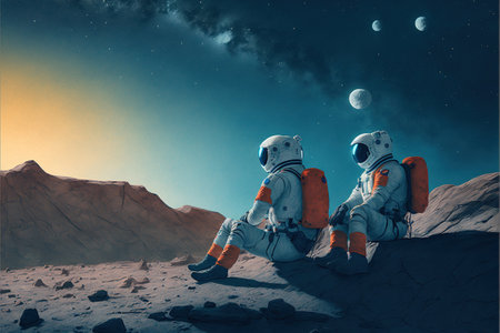 Two astronauts siting on rocks looking at the night sky, digital art style, illustration painting, fantasy concept of a Two astronauts siting on rocksの素材