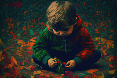 The child touches the pattern with his finger on the ground, digital art style, illustration painting, fantasy concept of a child touches the pattern with his finger on the groundの素材