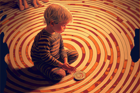 The child touches the pattern with his finger on the ground, digital art style, illustration painting, fantasy concept of a child touches the pattern with his finger on the groundの素材