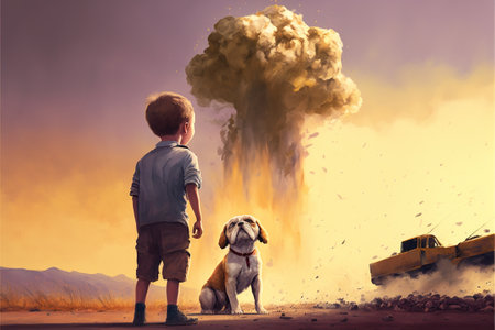Puppy looking at the boy shattering into dust against the sutset background, digital art style, illustration painting, fantasy concept of a Puppy looking at the boyの素材