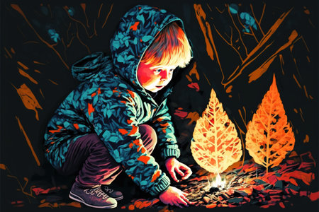 The child touches the pattern with his finger on the ground, digital art style, illustration painting, fantasy concept of a child touches the pattern with his finger on the groundの素材
