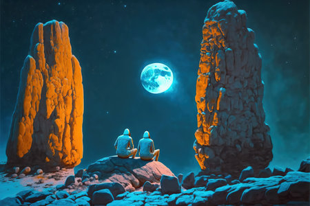 Two astronauts siting on rocks looking at the night sky, digital art style, illustration painting, fantasy concept of a Two astronauts siting on rocksの素材