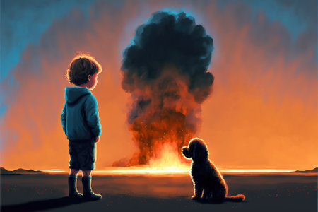 Puppy looking at the boy shattering into dust against the sutset background, digital art style, illustration painting, fantasy concept of a Puppy looking at the boyの素材