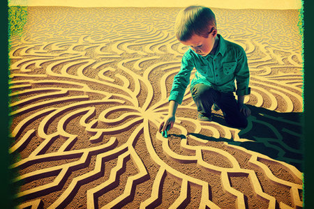 The child touches the pattern with his finger on the ground, digital art style, illustration painting, fantasy concept of a child touches the pattern with his finger on the groundの素材