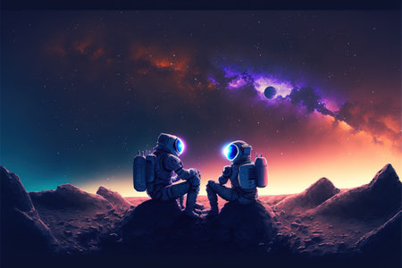 Two astronauts siting on rocks looking at the night sky, digital art style, illustration painting, fantasy concept of a Two astronauts siting on rocksの素材