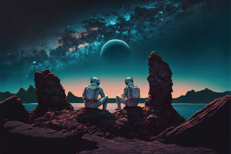 Two astronauts siting on rocks looking at the night sky, digital art style, illustration painting, fantasy concept of a Two astronauts siting on rocksの素材