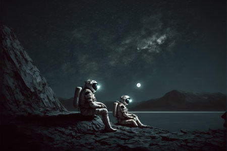 Two astronauts siting on rocks looking at the night sky, digital art style, illustration painting, fantasy concept of a Two astronauts siting on rocksの素材
