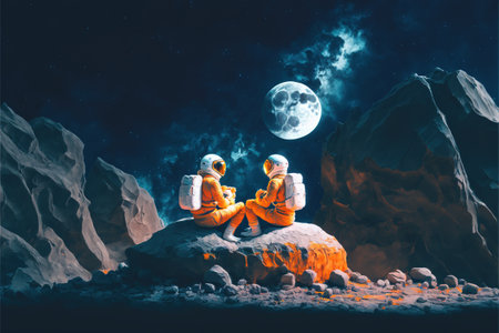 Two astronauts siting on rocks looking at the night sky, digital art style, illustration painting, fantasy concept of a Two astronauts siting on rocksの素材