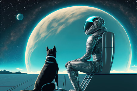 man and his pet in futuristic suit sitting and looking at the star trail in the sky, digital art style, illustration painting, fantasy concept of a man and his pet in futuristic suitの素材
