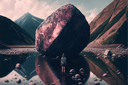 woman standing on creek looking at the mystery rock floating in midair, digital art style, illustration painting, fantasy concept of a woman on creekの素材