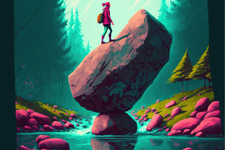 woman standing on creek looking at the mystery rock floating in midair, digital art style, illustration painting, fantasy concept of a woman on creekの素材
