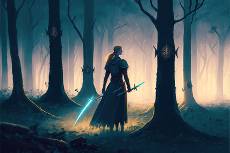 woman with her sword looking at the mysterious floating stones in the forest, digital art style, illustration painting, fantasy concept of a woman in the forestの素材