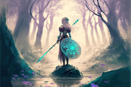 woman with her sword looking at the mysterious floating stones in the forest, digital art style, illustration painting, fantasy concept of a woman in the forestの素材