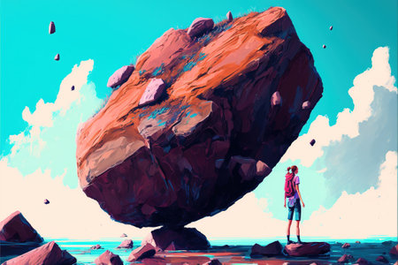 woman standing on creek looking at the mystery rock floating in midair, digital art style, illustration painting, fantasy concept of a woman on creekの素材
