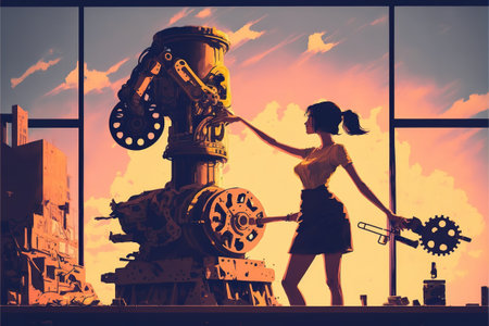 young woman destroying by futuristic machine, digital art style, illustration painting, fantasy concept of a woman vs futuristic machineの素材