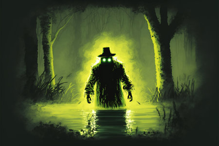 man with a magic torch walking in the haunted swamp , digital art style, illustration painting, fantasy concept of a man in the haunted swampの素材