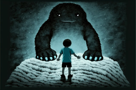 nightmare concept showing a boy on bed facing giant monster in the dark land , digital art style, illustration painting, fantasy concept of a boy on bed near the giant monsterの素材