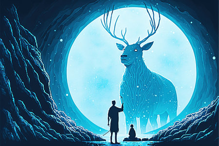 the man with a magic lantern facing the giant deer in a mysterious valley , digital art style, illustration painting, fantasy concept of a man near the magic deerの素材