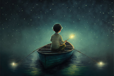 boy rowing a boat in the sea of the starry night with mysterious light , digital art style, illustration painting, fantasy concept of a boy rowing a boatの素材