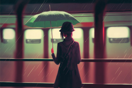 mysterious woman with umbrella at rainy night , digital art style, illustration painting, fantasy concept of a mysterious woman with umbrellaの素材