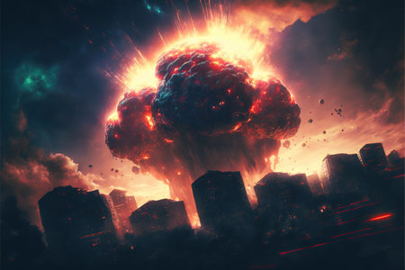 sci-fi scene of the meteorites explodes in the sky above the city , digital art style, illustration painting, fantasy concept of a meteorites under the cityの素材