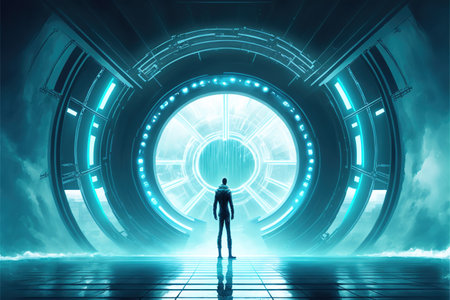 sci-fi concept showing a man standing at the futuristic portal , digital art style, illustration painting, fantasy concept of a man near the futuristic portalの素材