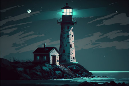 night scenery of the big lighthouse in futuristic world , digital art style, illustration painting, fantasy concept of a big lighthouseの素材