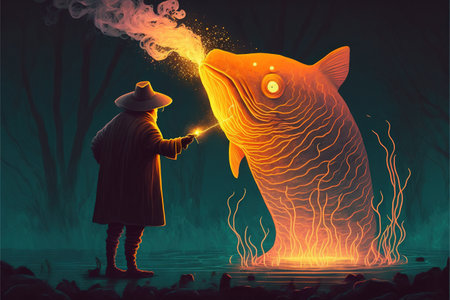 Wizard summoning giant fish creature with fire magic , digital art style, illustration painting, fantasy concept of a wizard near the giant fishの素材