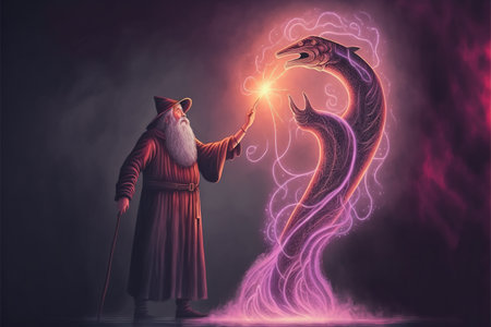 Wizard summoning giant fish creature with fire magic , digital art style, illustration painting, fantasy concept of a wizard near the giant fishの素材