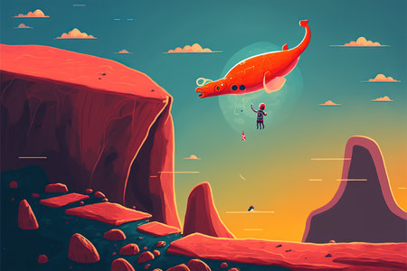 astronaut floating near the fantasy whale that jumping out of the rock , digital art style, illustration painting, fantasy concept of a astronaut floating near the fantasy whaleの素材