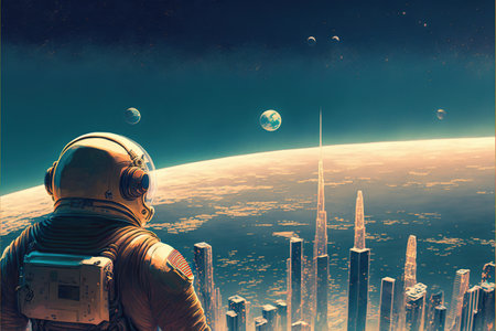astronaut looking at futuristic city in the planet , digital art style, illustration painting, fantasy concept of a astronaut looking other planetの素材