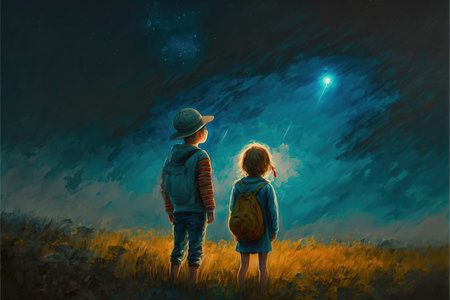 brother and sister in a meadow looking at meteors in the sky , digital art style, illustration painting, fantasy concept of a brother and sister in a meadowの素材