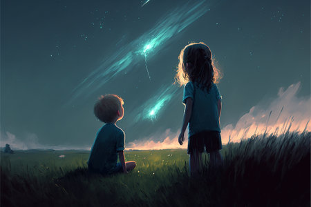 brother and sister in a meadow looking at meteors in the sky , digital art style, illustration painting, fantasy concept of a brother and sister in a meadowの素材