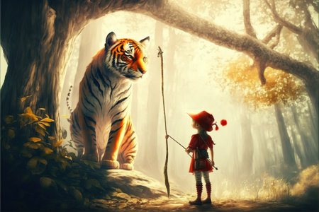 little girl with a magic spear standing near her tiger on a big tree , digital art style, illustration painting, fantasy concept of a little girl with a magic spearの素材