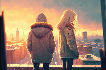 young couple standing on the roof top looking at cityscape at sunset , digital art style, illustration painting, fantasy concept of a young couple standing on the roofの素材