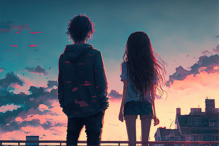 young couple standing on the roof top looking at cityscape at sunset , digital art style, illustration painting, fantasy concept of a young couple standing on the roofの素材