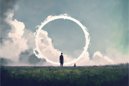 young man walking through a meadow and looking at the ring clouds in the sky , digital art style, illustration painting, fantasy concept of a man walking through a meadowの素材