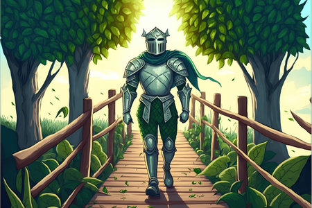knight walking on wooden bridge surrounded by green vines and flowers , digital art style, illustration painting, fantasy concept of a knight on the wooden bridgeの素材