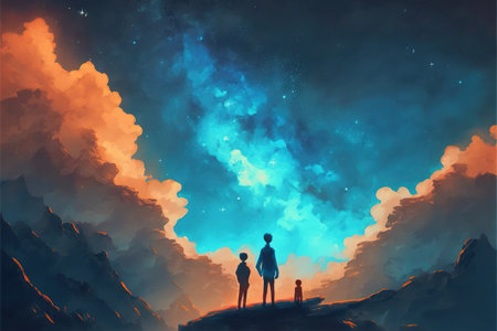 two brothers walking on floating mountain and looking at a little star in the beautiful sky , digital art style, illustration painting, fantasy concept of a brothers looking at the skyの素材