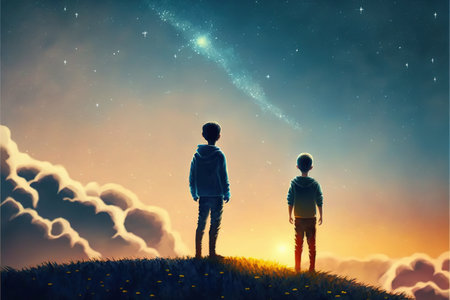two brothers walking on floating mountain and looking at a little star in the beautiful sky , digital art style, illustration painting, fantasy concept of a brothers looking at the skyの素材