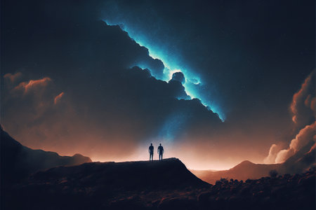 two brothers walking on floating mountain and looking at a little star in the beautiful sky , digital art style, illustration painting, fantasy concept of a brothers looking at the skyの素材