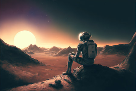 astronaut on abandoned planet looking up at the starry sky , digital art style, illustration painting, fantasy concept of an abandoned planetの素材