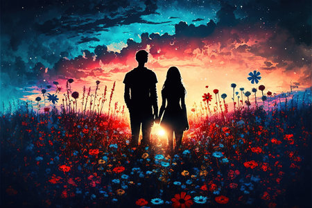 beautiful scenery of the young couple standing in glowing flowers meadow and looking at sunset sky , digital art style, illustration painting, fantasy concept of a young couple in meadowの素材