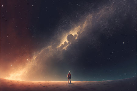 astronaut on abandoned planet looking up at the starry sky , digital art style, illustration painting, fantasy concept of an abandoned planetの素材