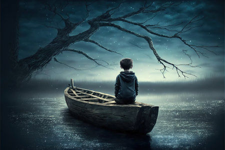 dark-fantasy scene of the boy on a boat looking at the mysterious man with one eye on a fallen tree in river at night , digital art style, illustration painting, fantasy concept of a boy on a boat in the river at nightの素材