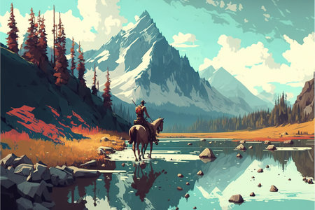 beautiful scenery showing a man riding a horse against a stunning landscape , digital art style, illustration painting, fantasy concept of a horsemanの素材